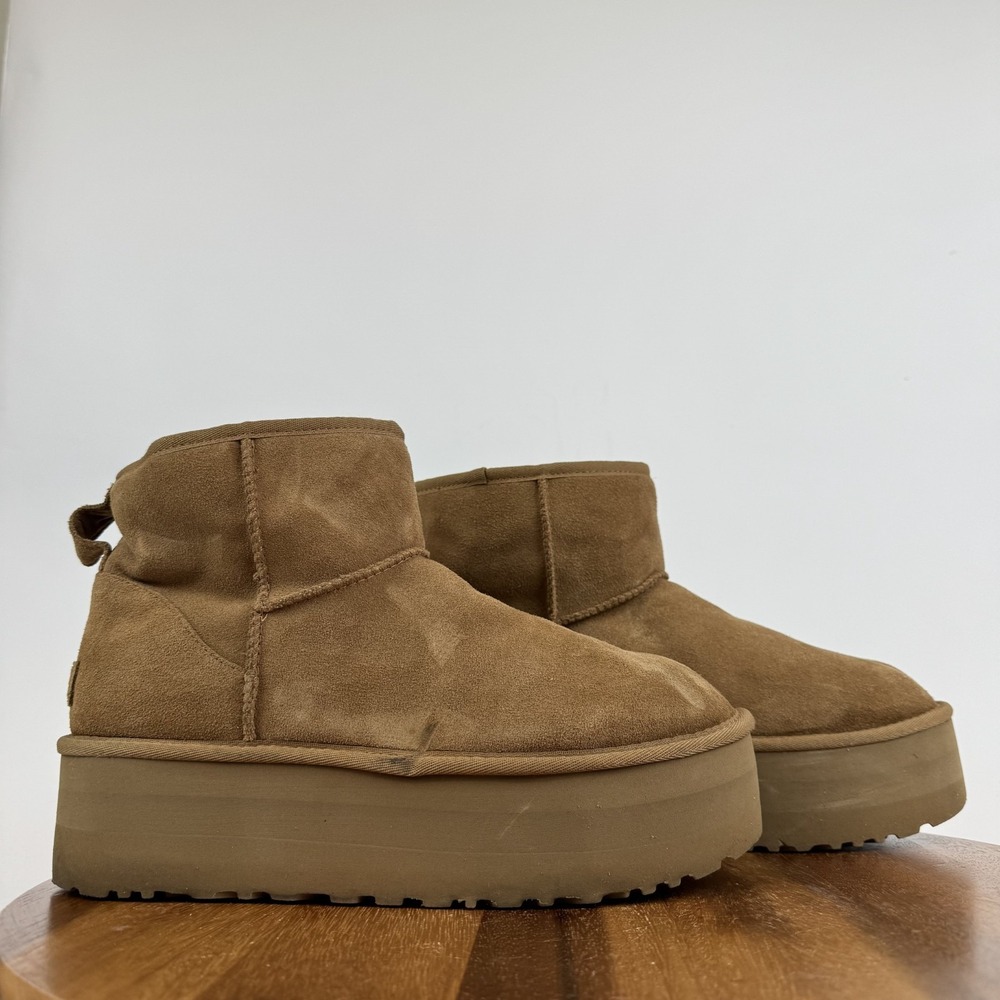 Womens Ugg Classic Mini Brown Leather Platform Ankle Boots Booties Size 10 M GUC
